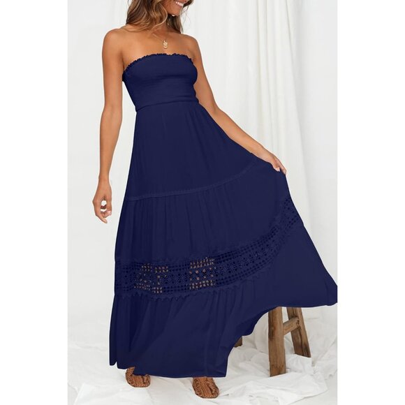 Women's Blue Summer Bohemian Strapless Off Shoulder Lace Trim Backless Flowy - Picture 2 of 9
